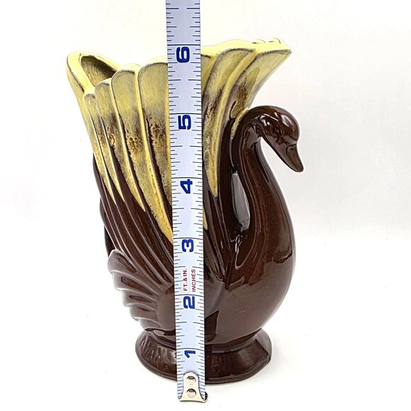 Vintage Swan Vase Mid Century Art Deco Brown Yellow Drip Japan Unique Rare 6" - Picture 9 of 10